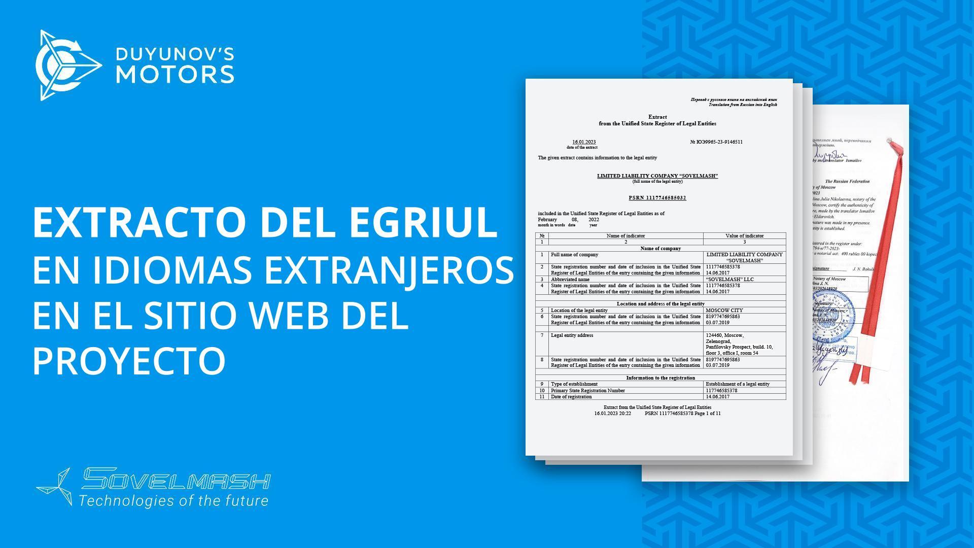 Extracto del Registro Único Estatal de Personas Jurídicas en el sitio web del proyecto
