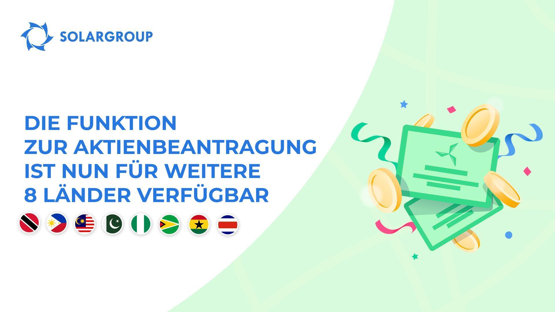 Die Funktion zur Aktienbeantragung wird in folgenden Ländern angeboten: Trinidad und Tobago, Philippinen, Malaysia, Pakistan, Nigeria, Guyana, Ghana, Costa Rica