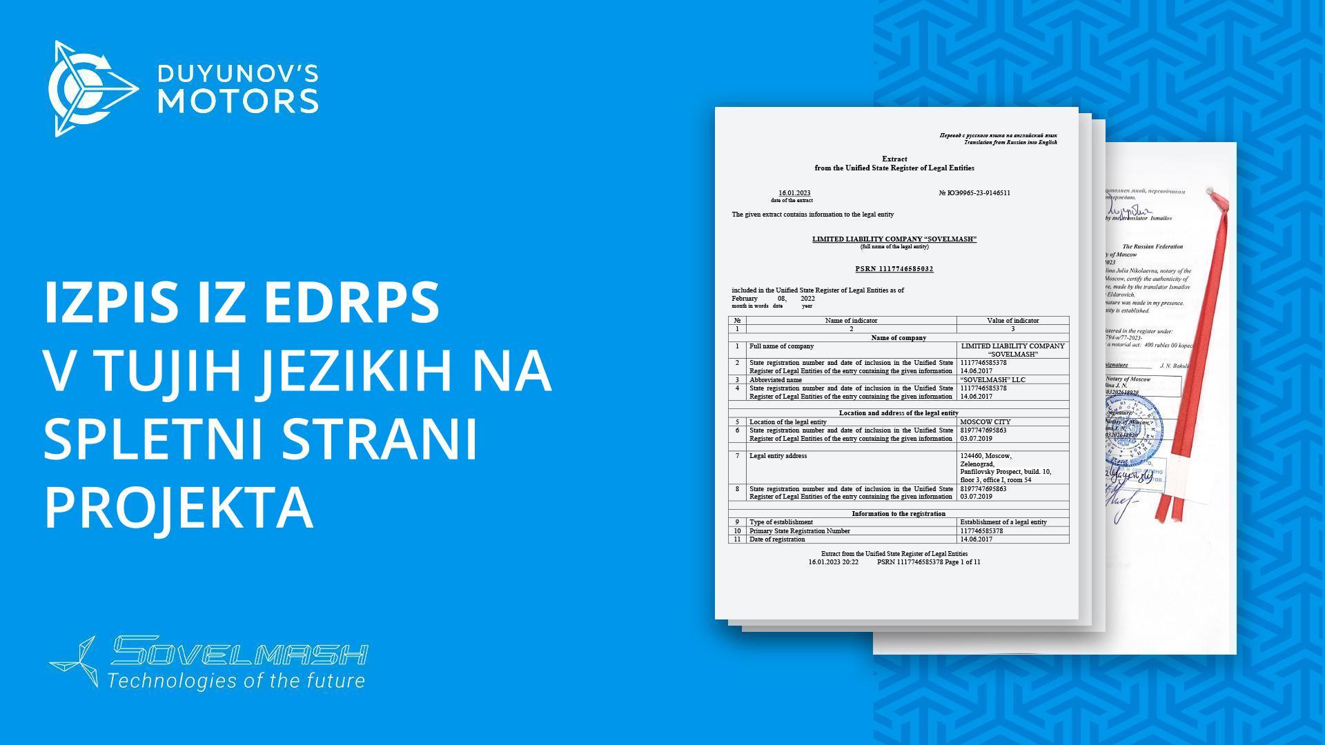 Izpis iz enotnega državnega registra pravnih subjektov je s prevodom objavljen na spletni strani projekta