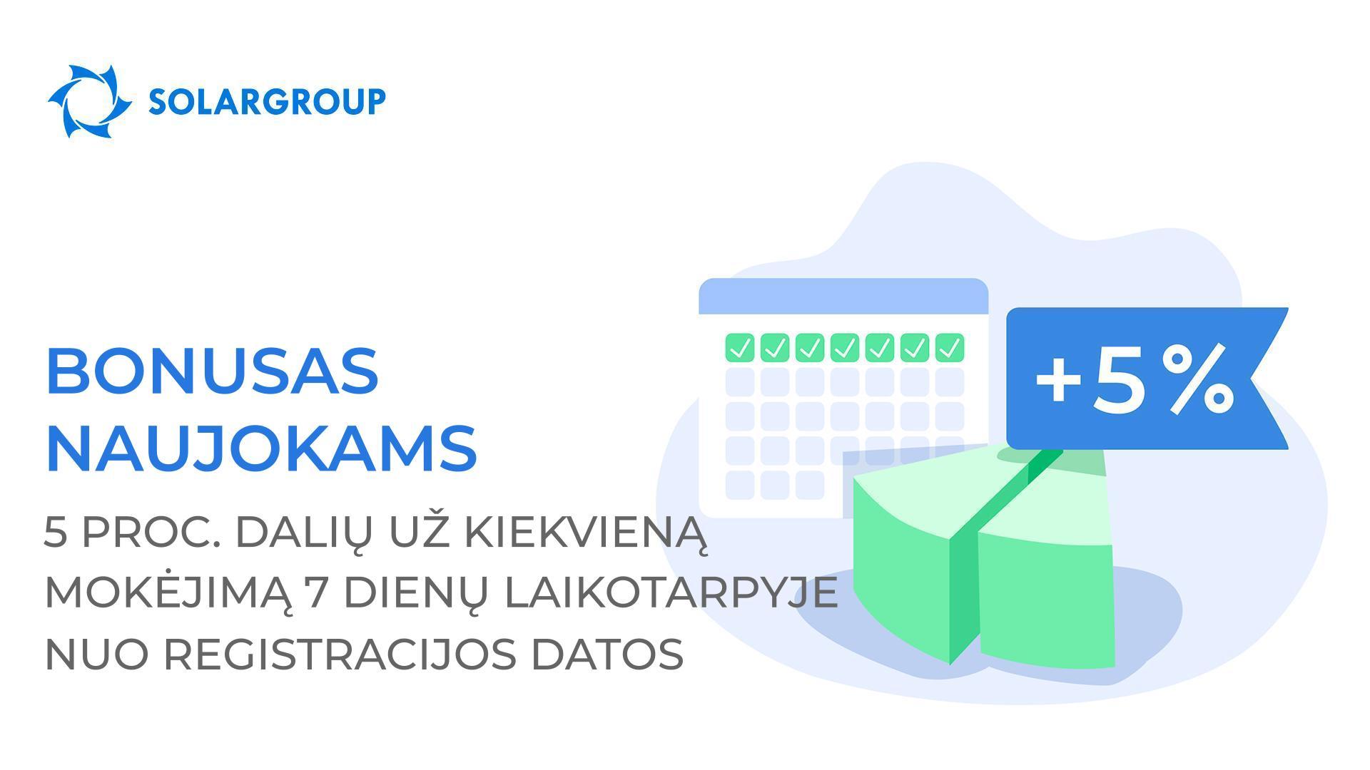 Bonusas naujokams: dovanojame 5 proc. dalių už kiekvieną mokėjimą 7 dienų laikotarpyje po registracijos