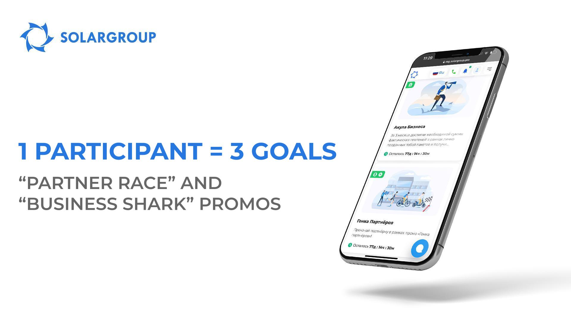 The "Partner Race" and "Business Shark" promos: 1 participant = 3 goals