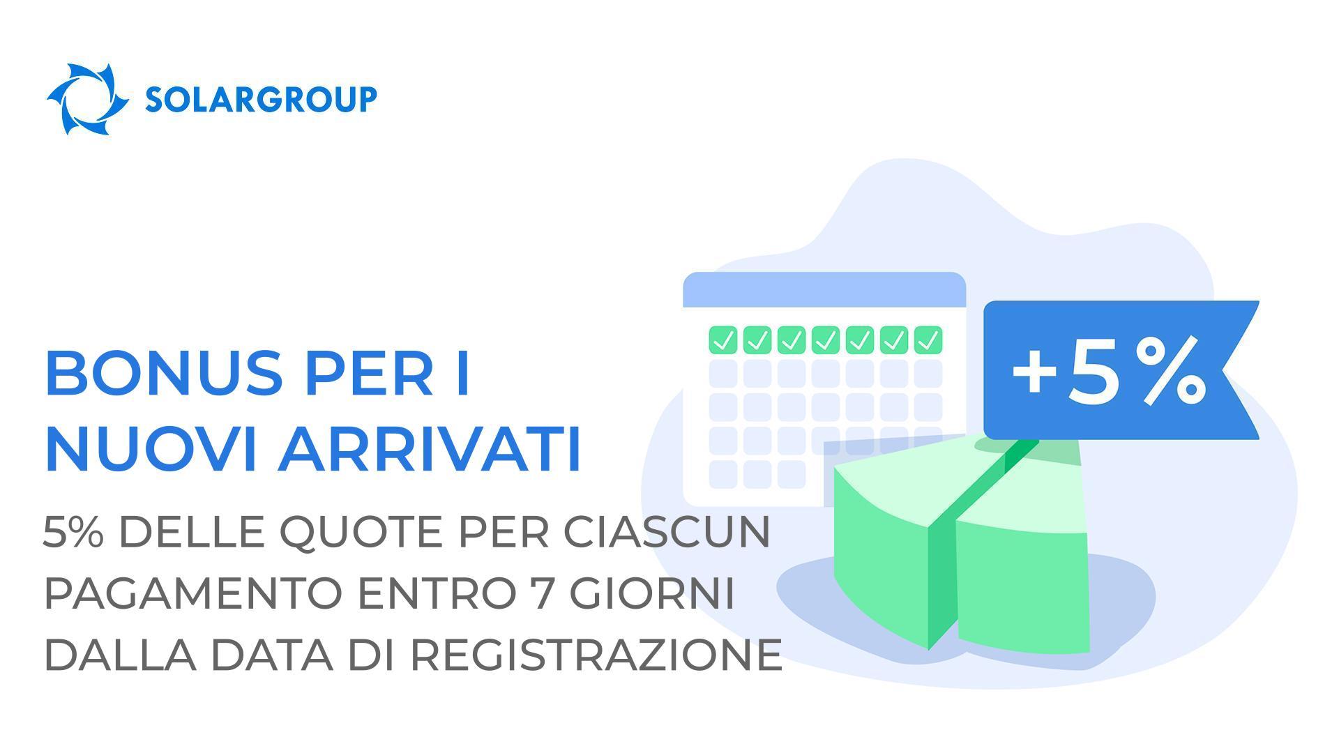 Bonus per i nuovi arrivati: regaliamo il 5% delle quote per ciascun pagamento entro 7 giorni dalla registrazione