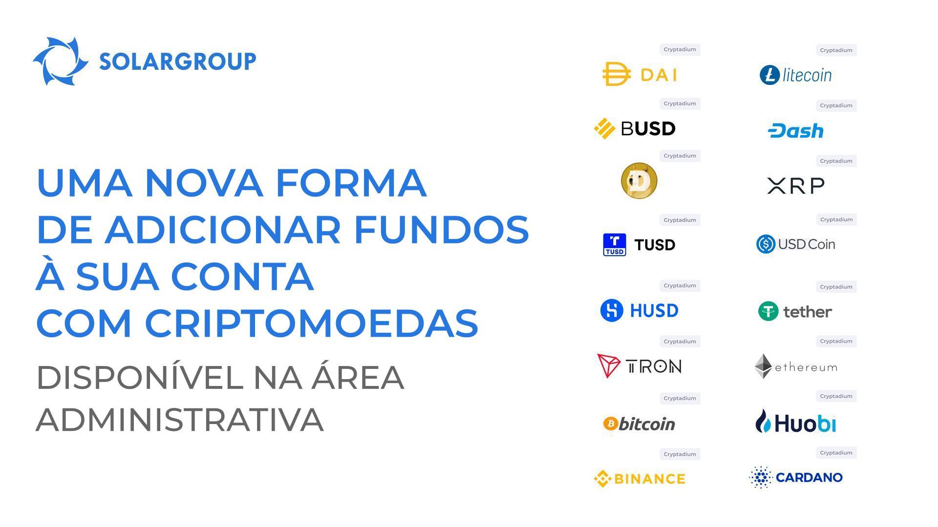 Uma nova forma de adicionar fundos à sua conta com criptomoedas disponível na área administrativa