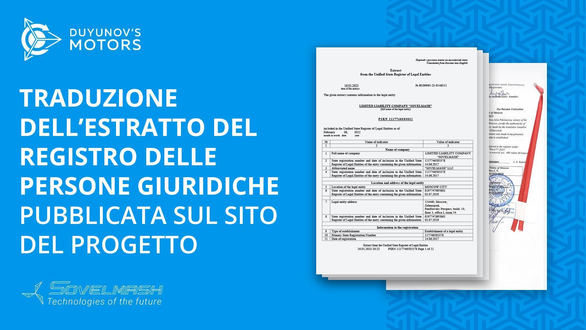 Traduzione dell'estratto del registro unico delle persone giuridiche pubblicata sul sito del progetto