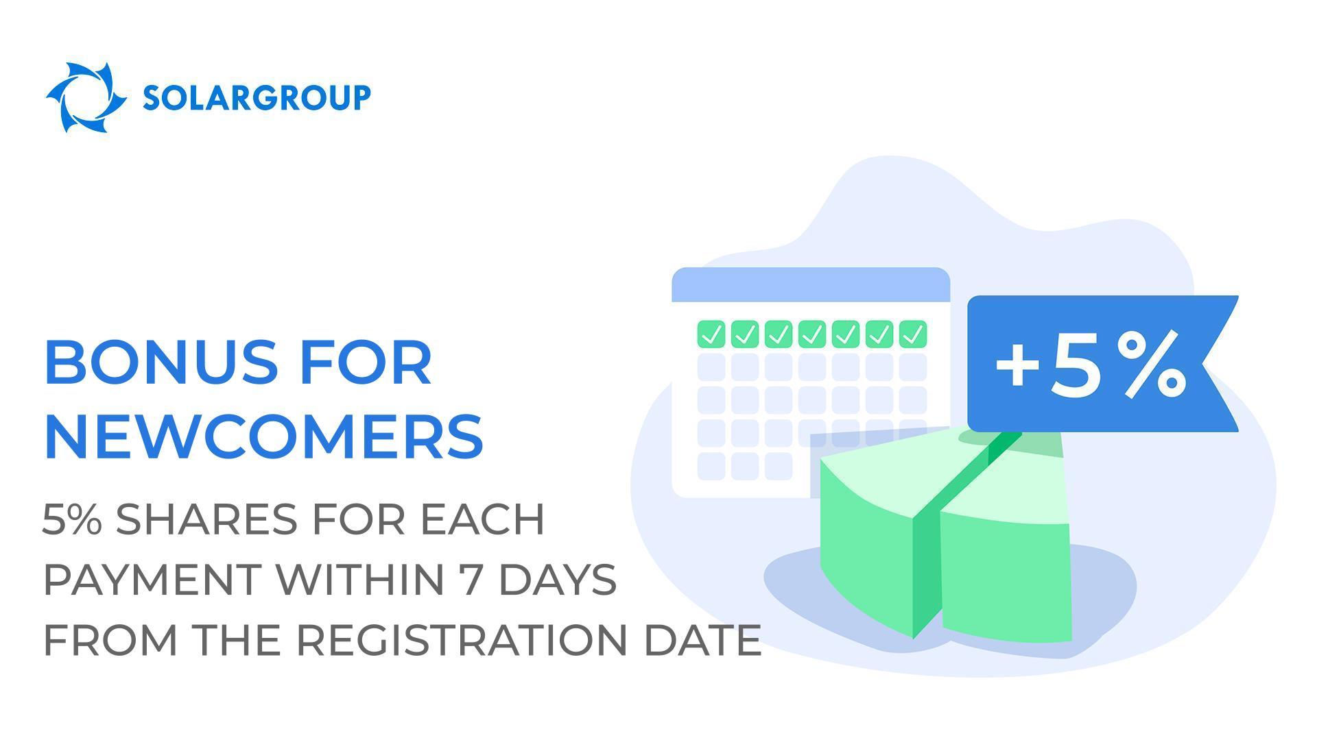 Bonus for newcomers: we give +5% shares for each payment within 7 days after registration