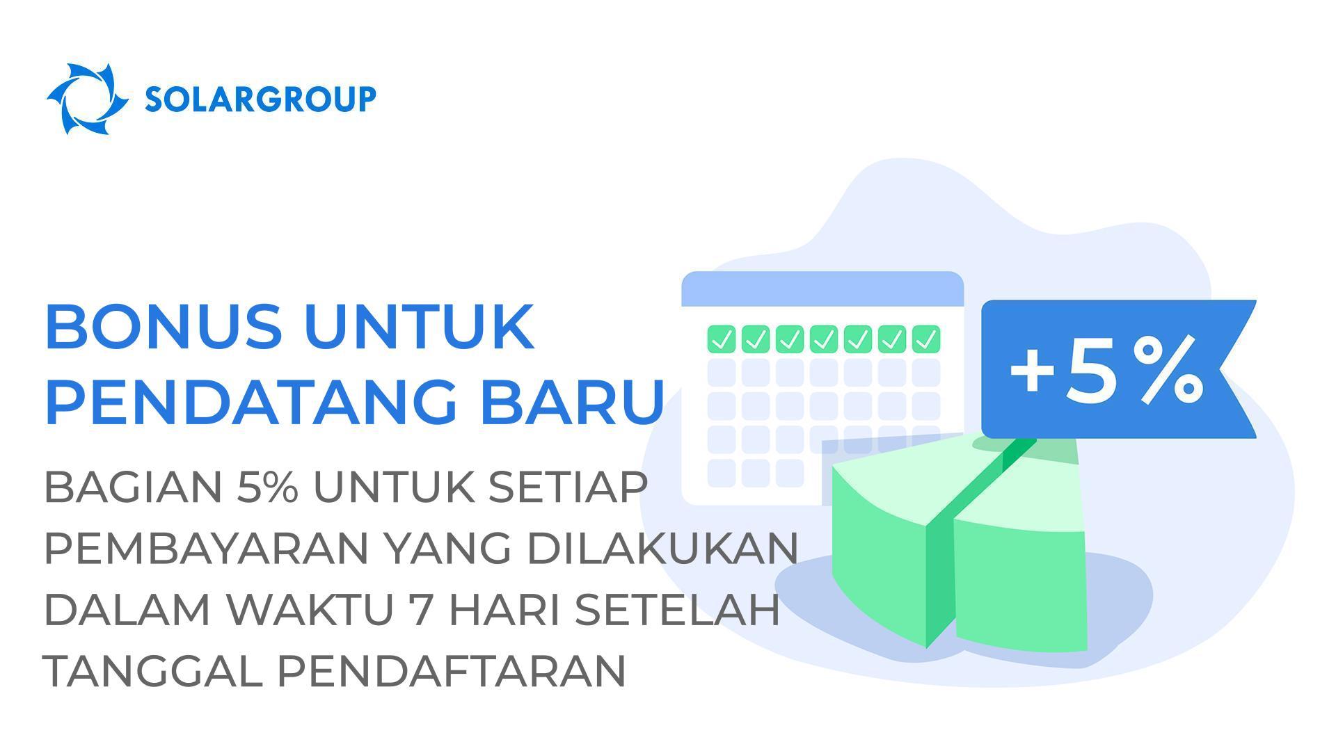 Bonus untuk pendatang baru: kami memberikan bagian +5% untuk setiap pembayaran yang dilakukan dalam waktu 7 hari setelah pendaftaran