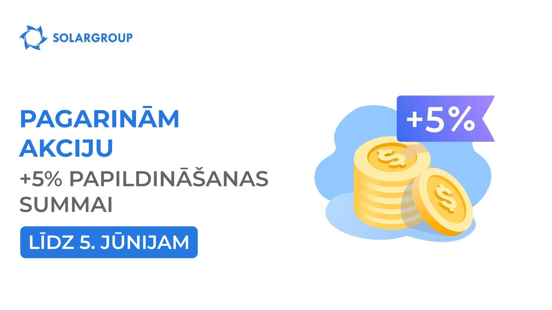 Pagarinām akciju "+5% konta papildināšanas summai" līdz 5. jūnijam