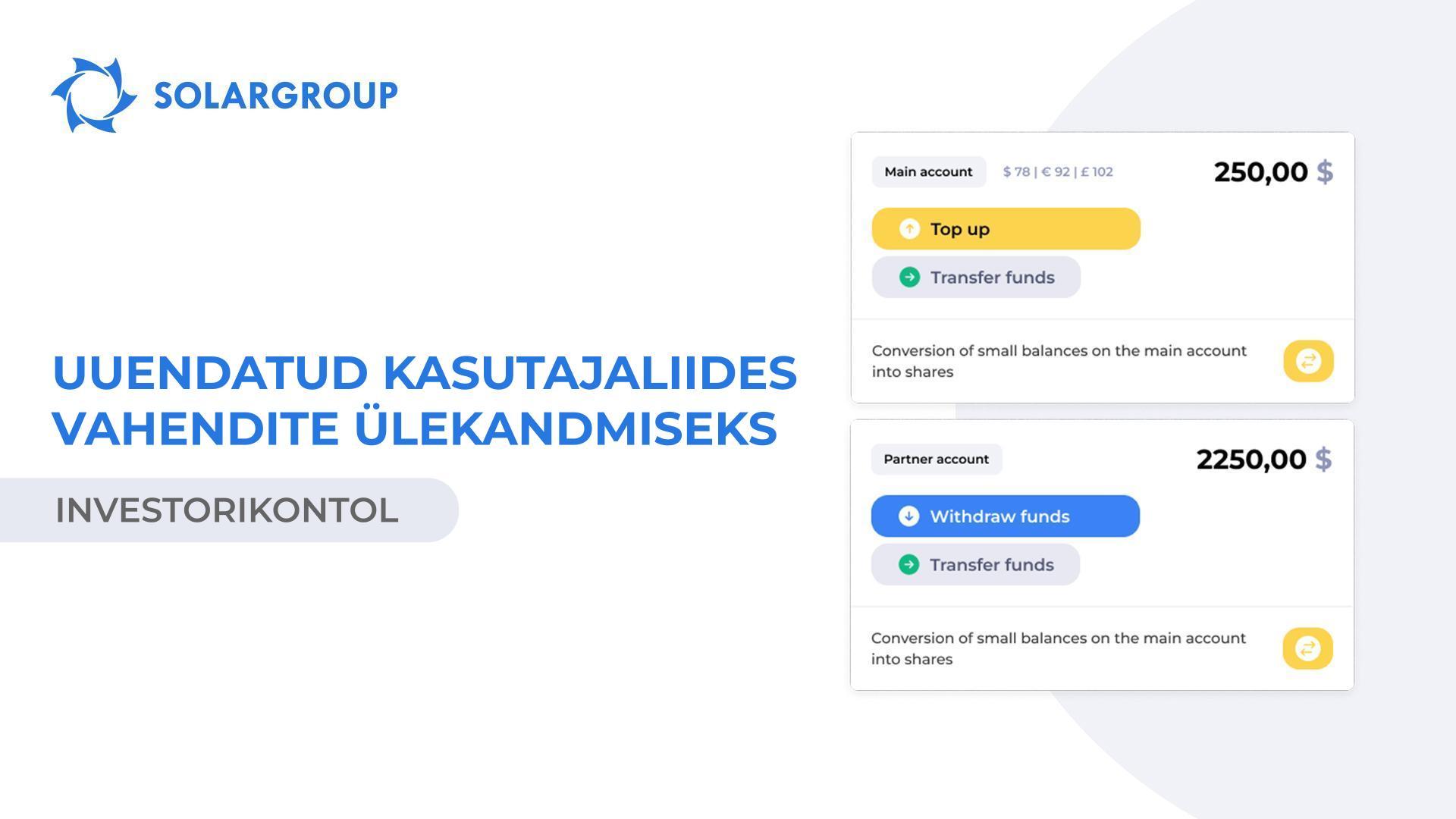 Uuendatud kasutajaliides investorikonto vahendite ülekandmiseks