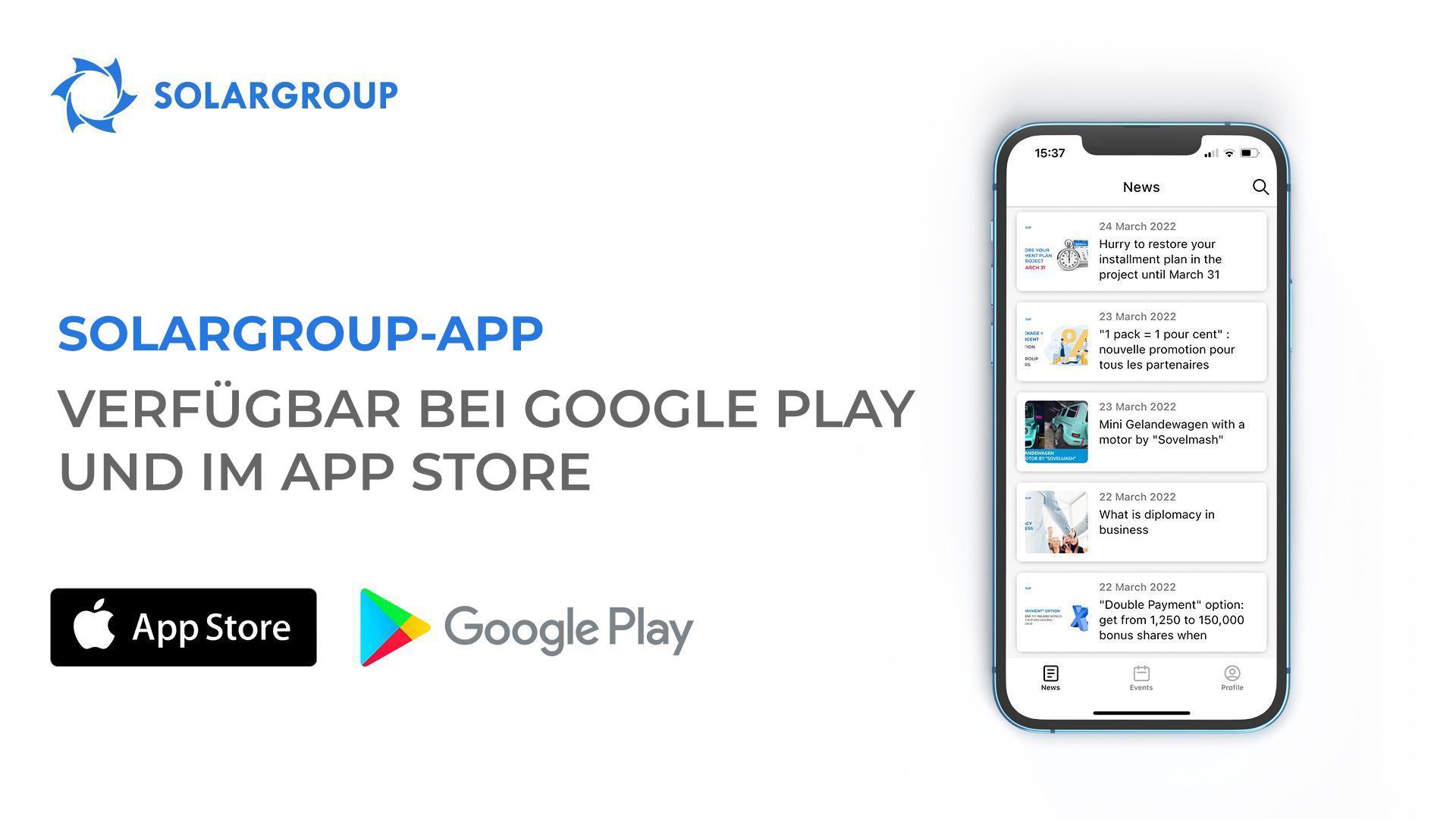 Eine neue Entwicklungsstufe der SOLARGROUP IT-Plattform: die mobile App ist bei Google Play und im App Store verfügbar