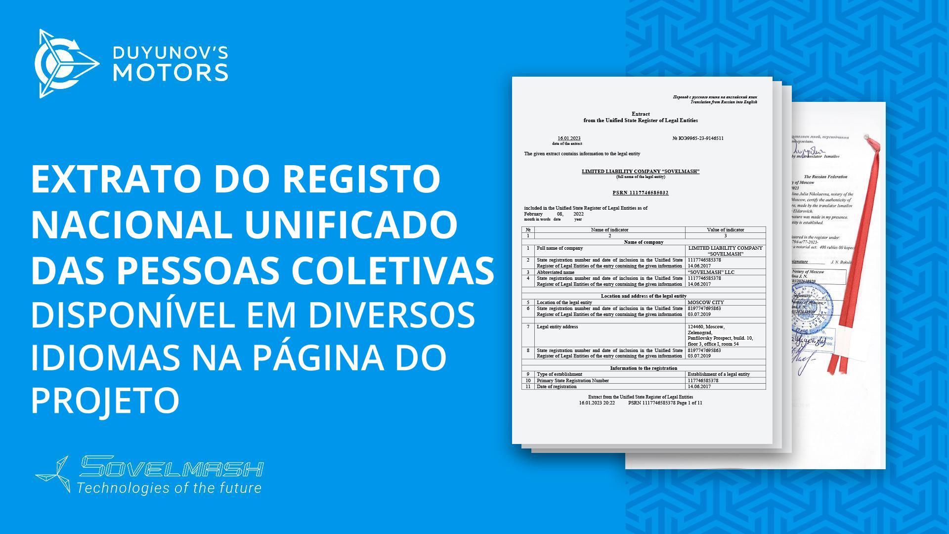 Na página do projeto foi publicado o extrato do Registo Nacional Unificado das Pessoas Coletivas juntamente com a sua tradução